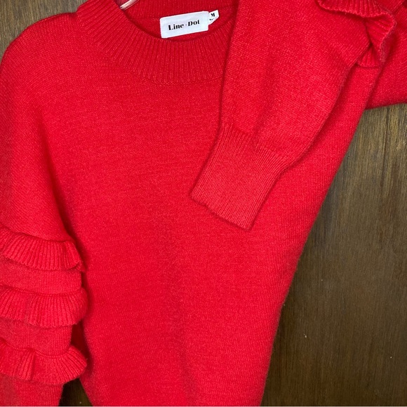 Festive Line & Dot Medium Red Sweater with Ruffles on Sleeves, Holiday Sweater - Picture 5 of 7